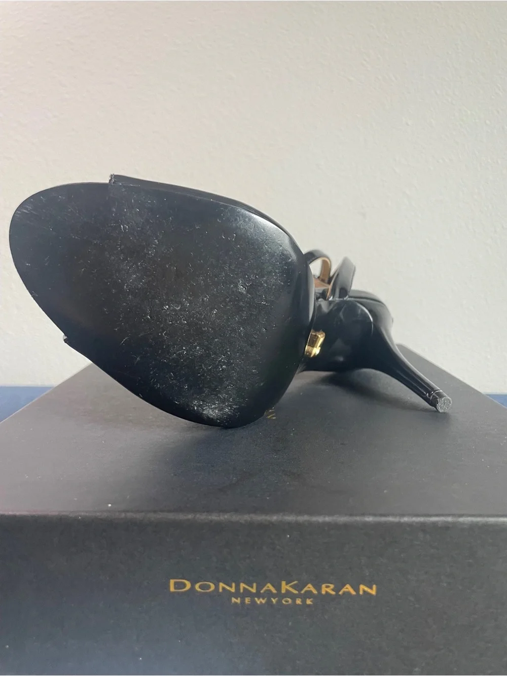 Donna Karan - Somerset - Black Patent Peep-Toe Ankle-Strap Heels with Gold Trim